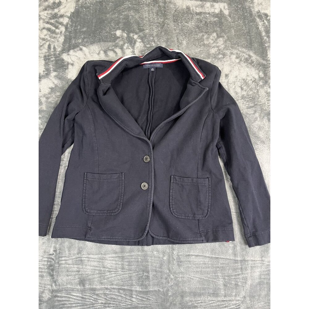 Tommy Hilfiger Womens Navy Blazer Large Cotton Blend Striped Collar Buttons